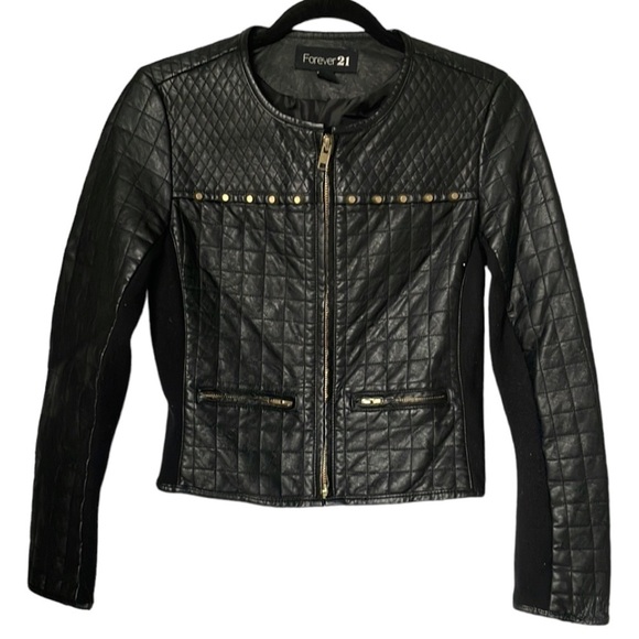 Forever 21 Faux Leather Stud Black Jacket Coat S Gold Tone Hardware Zipper - Picture 1 of 8
